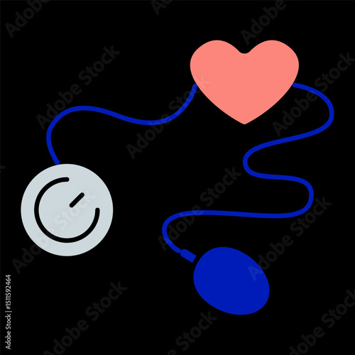 Blood pressure icon. Heart connected to measuring cuff and dial, indicating cardiovascular monitoring and health diagnostics.