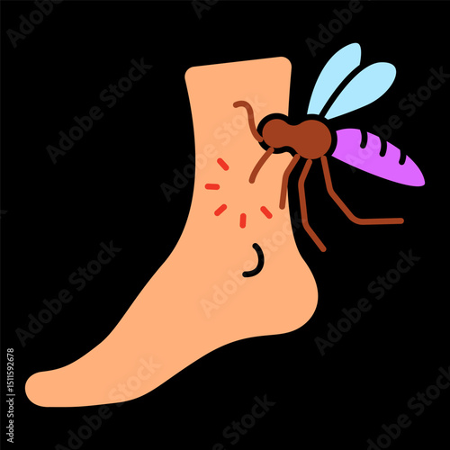 Mosquito bite icon. Mosquito stinging human foot with red marks, indicating irritation, swelling or disease risk.