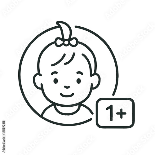 Icon of smiling baby girl with small ponytail and 1 plus age label, representing infant or toddler demographic