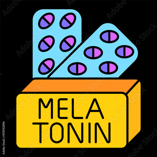 Melatonin icon. Supplement box with pills, indicating natural sleep aid and circadian rhythm support.