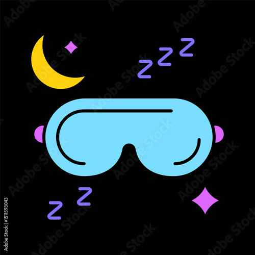 Sleep mask icon. Blue mask, night moon, stars, zzz. Symbolizes rest, bedtime accessory, night routine or sleep aid.