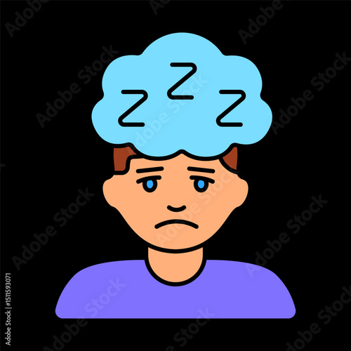 Person with sleepy thought cloud icon. Head cloud with zzz, fatigue or daytime sleepiness metaphor.