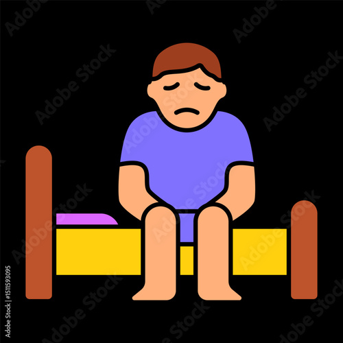 Sad person on bed icon. Sitting figure with sad face, morning tiredness or sleep disorder representation.