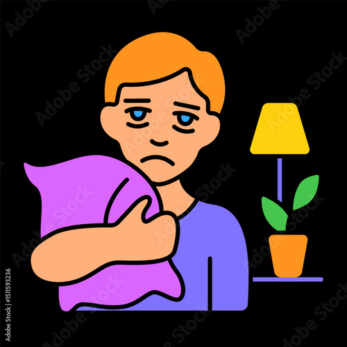 Tired boy hugging pillow icon. Room background with lamp and plant, evening fatigue and sleeplessness.
