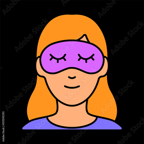 Sleeping woman icon. Girl with orange hair and purple eye mask, peaceful expression, represents night rest.