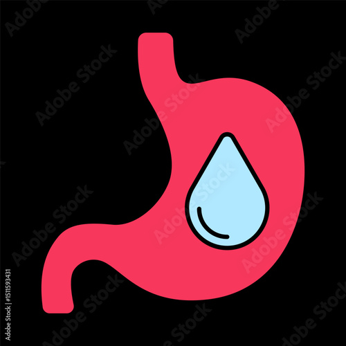 Stomach with drop icon. Red stomach organ and blue drop, symbolizing discomfort or indigestion affecting sleep.