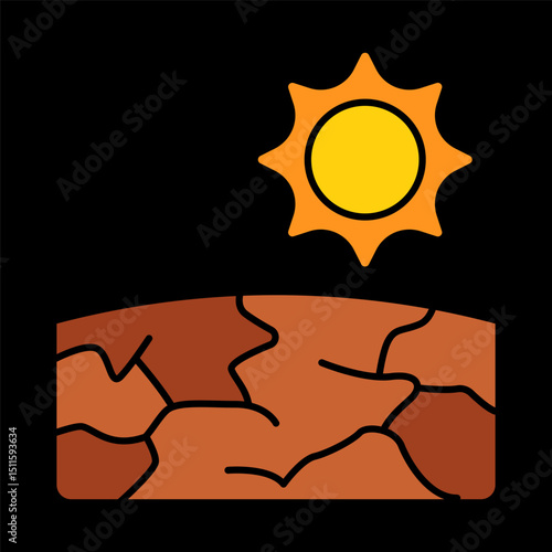Drought ground icon. Cracked earth under bright sun, symbol of dryness and extreme heat.