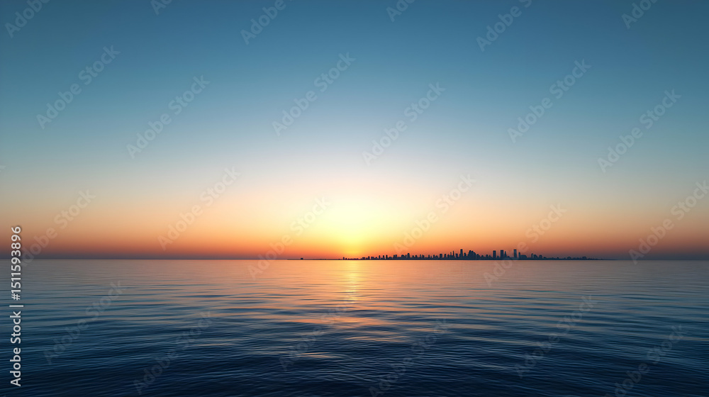 Fototapeta premium Sunset Over Cityscape On Calm Ocean