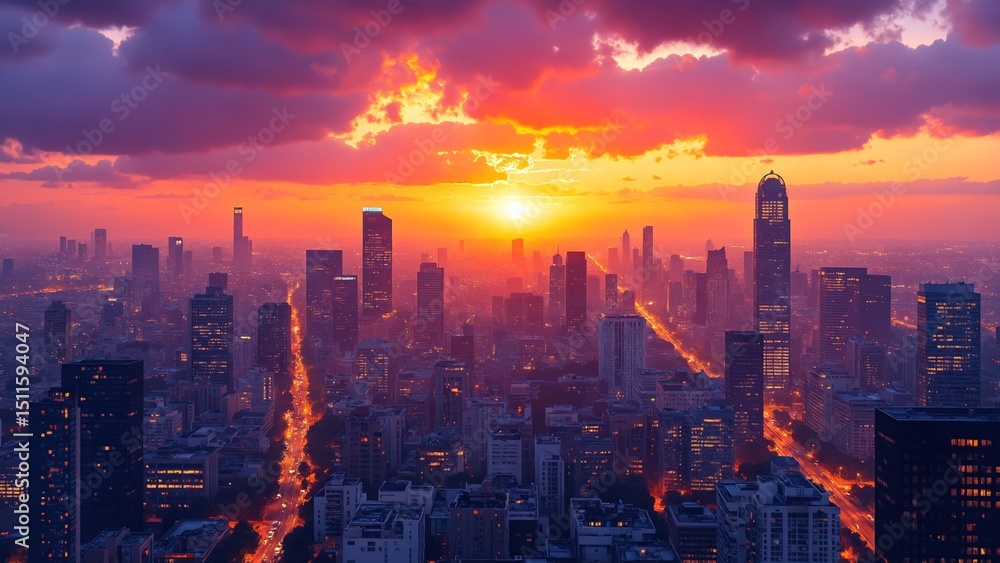 Obraz premium Urban Sunset Skyline, Colorful Cityscape Silhouette with Orange, Pink, Purple Hues, and Bokeh