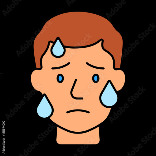 Sweating man icon. Drops on face and forehead, expression of exhaustion and dehydration warning.