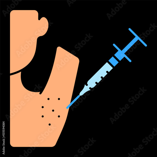 Allergy test icon. Syringe injecting into forearm with multiple skin marks indicates allergy testing procedure or intradermal diagnostic treatment.