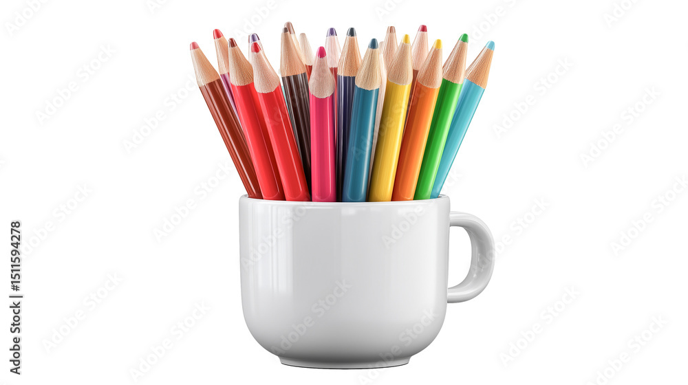 Fototapeta premium Colorful pencils arranged neatly in a white mug isolated on transparent background
