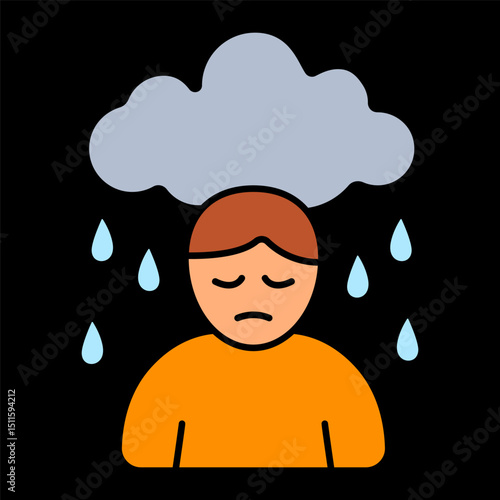 Depression icon. Person under dark cloud with raindrops symbolizes sadness, low mood, or mental illness associated with persistent negative emotions.