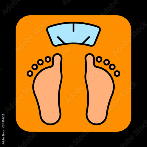 Weight check icon. Feet on scale indicate measuring body weight, monitoring health status, or tracking changes related to diet or condition