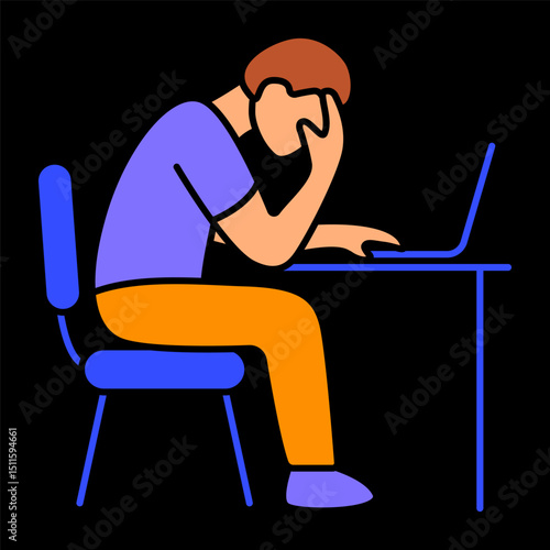 Overworked icon. Person slouched at desk with head on hand shows fatigue, stress, or burnout from excessive workload or digital strain.