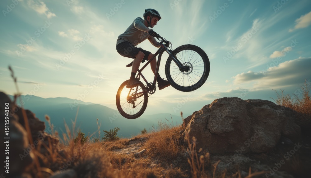 Obraz premium Mountain biker soaring through the air at sunset