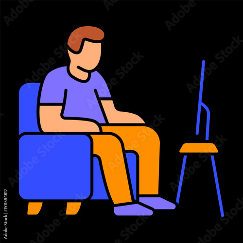 Watching television icon. Man sitting on armchair in front of screen, passive activity, home entertainment, indoor leisure, relaxation time.