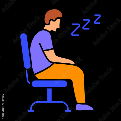 Sleeping in chair icon. Man sitting on seat, eyes closed, zzz symbol, exhaustion, fatigue, workplace burnout, rest moment.