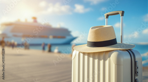 A suitcase with a summer hat stands on a wooden pier with a cruise liner in the background. Symbol of vacation, travel and summer holidays by the sea