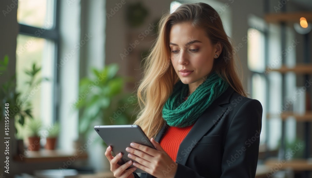 Fototapeta premium Confident woman using a tablet in a cozy café