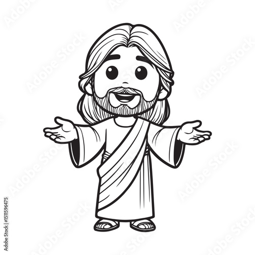 Line art of smiling Jesus spreading hands cartoon vector