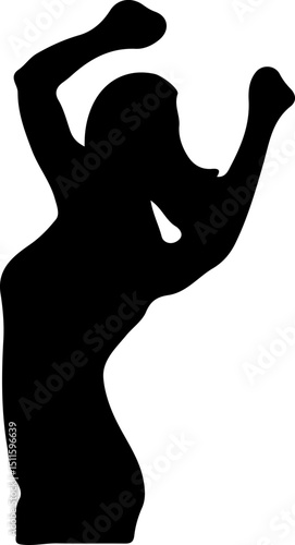 Black vector silhouette of a dancing woman body with elegant pose and flowing hair