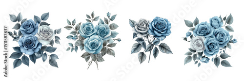 Watercolor bouquet set with gray and blue roses. Bouquet of vintage roses in gray and blue tones. Elements for wedding designs, etc. Vector watercolor botany.