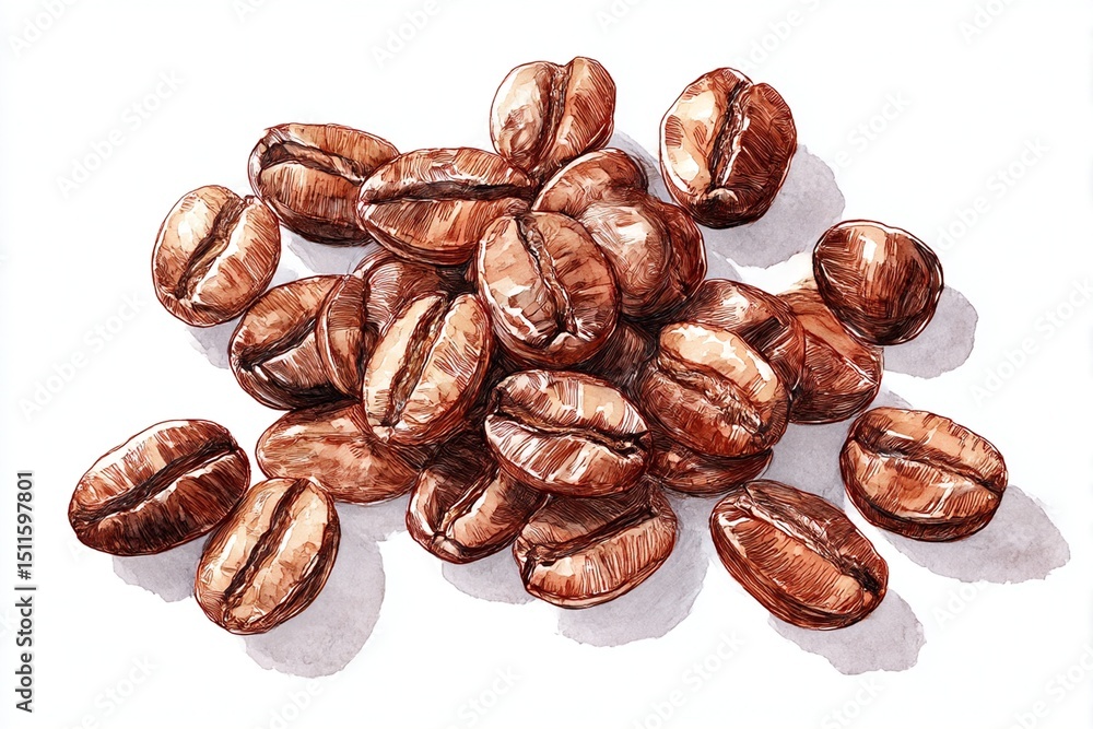 Obraz premium A detailed watercolor and ink illustration of roasted coffee beans with rich textures and warm tones. Perfect for cafe branding, food packaging, or coffee-related designs.