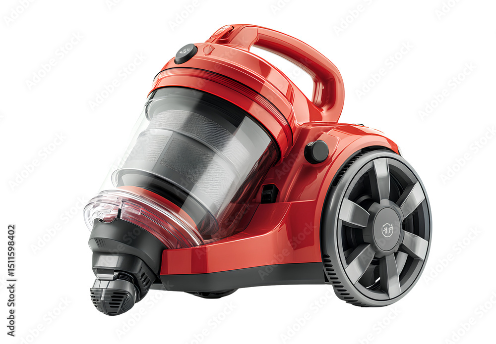 A red vacuum cleaner with black and grey accents on a white background, product photography, stock photo, high A red vacuum cleaner with black and grey accents on a white background, product photography, stock photo, high