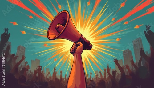 Powerful hand holding a megaphone amidst a vibrant crowd