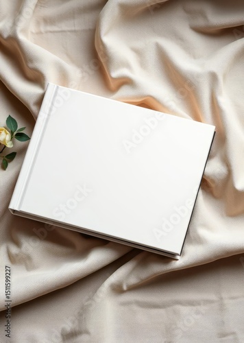 Elegant off white photo album or guest book resting on linen fabric. book mockup. 