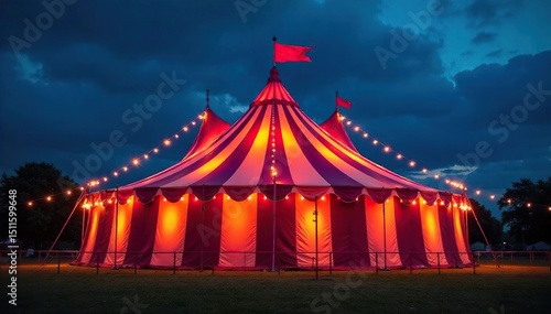 Vibrant striped circus tent, glowing under the night sky, ready for a spectacular show The big top stands tall and proud against the dark background , sky, magical