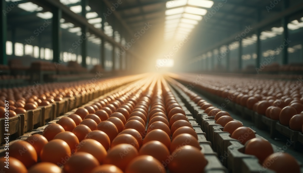 Fototapeta premium Rows of fresh eggs glistening in a sunlit warehouse