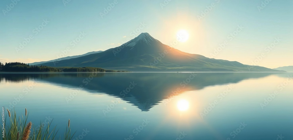 Flat-topped mountain peak reflecting in calm lake, summer sun, vector illustration, peak, horizon Flat-topped mountain peak reflecting in calm lake, summer sun, vector illustration, peak, horizon
