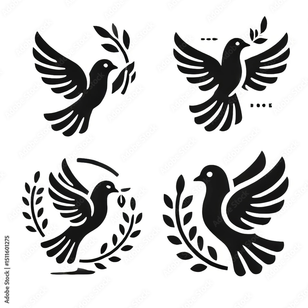 Obraz premium Four stylized black doves with olive branches peace hope and freedom symbols
