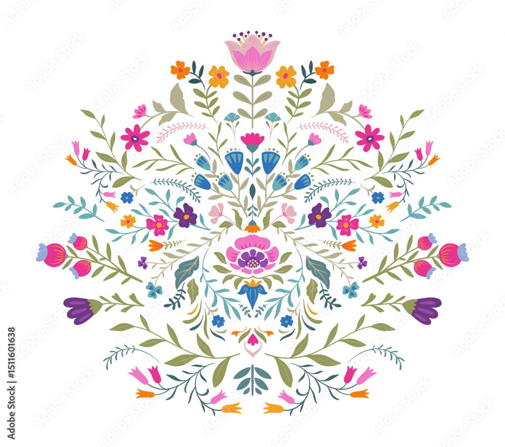 Fototapeta premium Vector beautiful composition with ornate flowers, plants. Folk art floral poster.