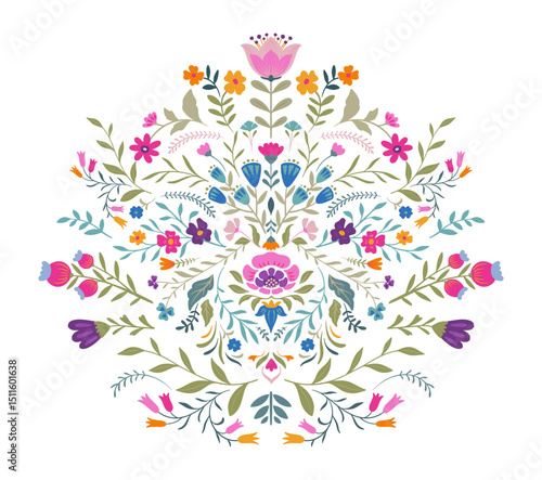 Vector beautiful composition with ornate flowers, plants. Folk art floral poster.