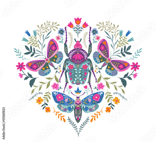Vector beautiful composition with ornate insects, beetles, butterflies. Folk art floral poster.