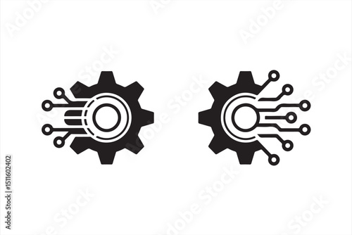 Black and white minimalist gear icon with digital circuit connections
