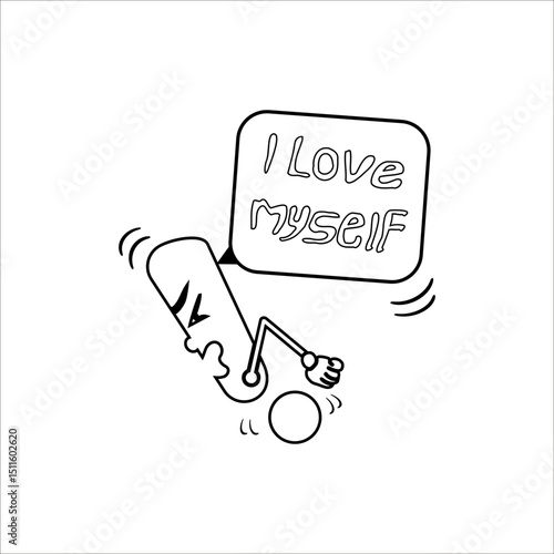 Monochrome cartoon figure with exaggerated sneezing motion and hand-drawn I love myself speech bubble. Clean line art for minimalist design lovers and introspective content