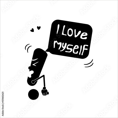 Cartoon figure delivering a confident I love myself in a simple and elegant black vector style with small heart accents. Ideal for modern designs focusing on self-acceptance and quiet strength