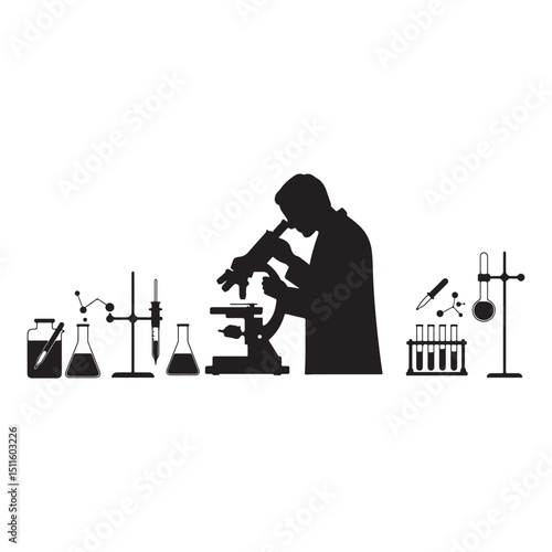 Scientist microscope silhouette with lab tools medical research