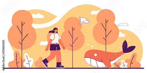 Whimsical Summer Vector – Girl Walking Along Embankment with Her Pink Whale Friend