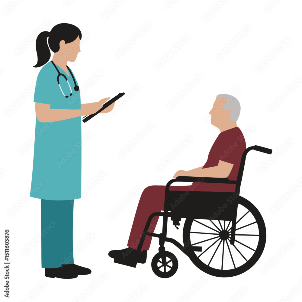 Medical professional assisting wheelchair patient silhouette Medical professional assisting wheelchair patient silhouette
