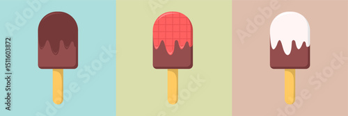 Set of ice cream cones with various flavors. Ice cream in chocolate, vanilla, and strawberry flavors. Vector illustration icons