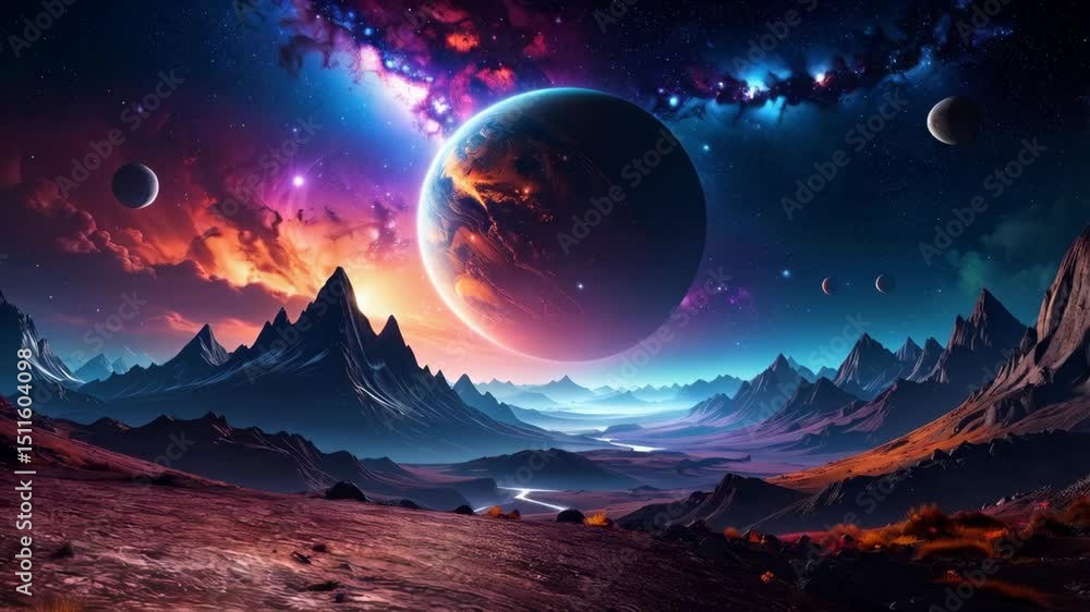 Surreal alien landscape with mountains and planets, cosmic nebula in distant galaxy, otherworldly vista with vibrant colors Surreal alien landscape with mountains and planets, cosmic nebula in distant galaxy, otherworldly vista with vibrant colors
