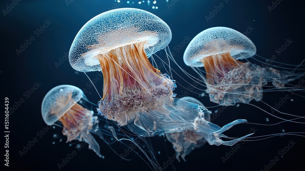Fototapeta premium Beautiful Bioluminescent Jellyfish in Deep Ocean