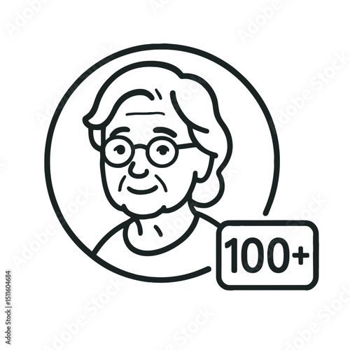 Icon of centenarian woman with glasses and 100 plus age label, representing longevity and elderly demographic