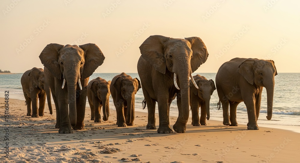 Fototapeta premium Elephant on Tropical Beach at Sunset with Ocean and Colorful Sky