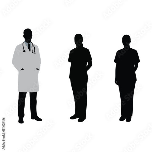 Silhouettes of three healthcare workers in scrubs and lab coats
